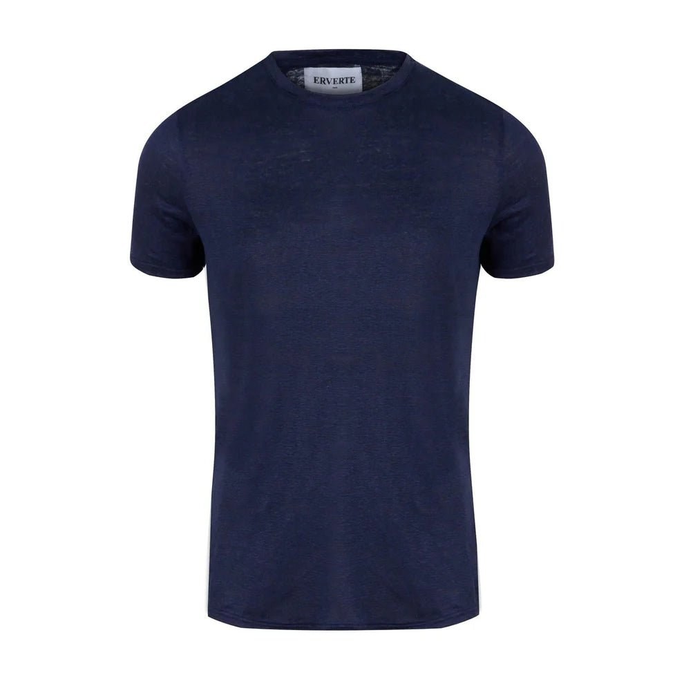 T-shirt en lin bleu marine à plat, texture irrégulière de la fibre visible